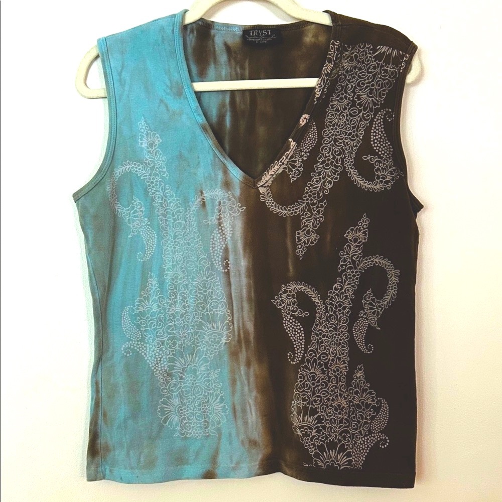 TRYST Blue, Green, and Brown Tie-Dye, Paisley Tank Top